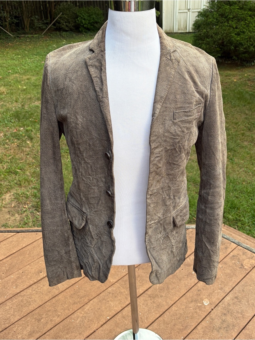 AllSaints Leather Herringbone Blazer/Jacket Sand Sz Small Spitalfields